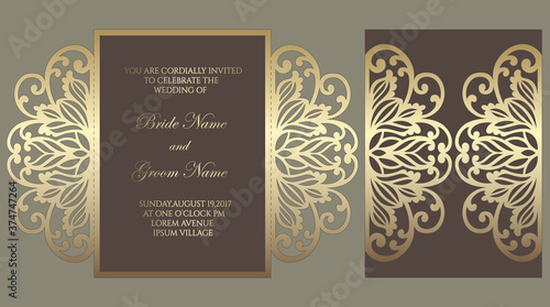 Gate fold laser cut wedding invitation. Vector template for laser cutting.