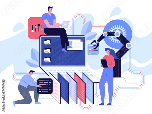 Web development and software programming banner concept. Developer sits on huge laptop, programmer and robot holding parts of program code, employee is testing program. Vector character illustration