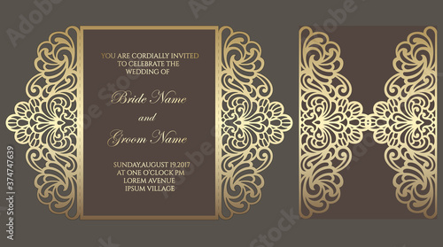 Gate fold laser cut wedding invitation. Vector template for laser cutting. photo