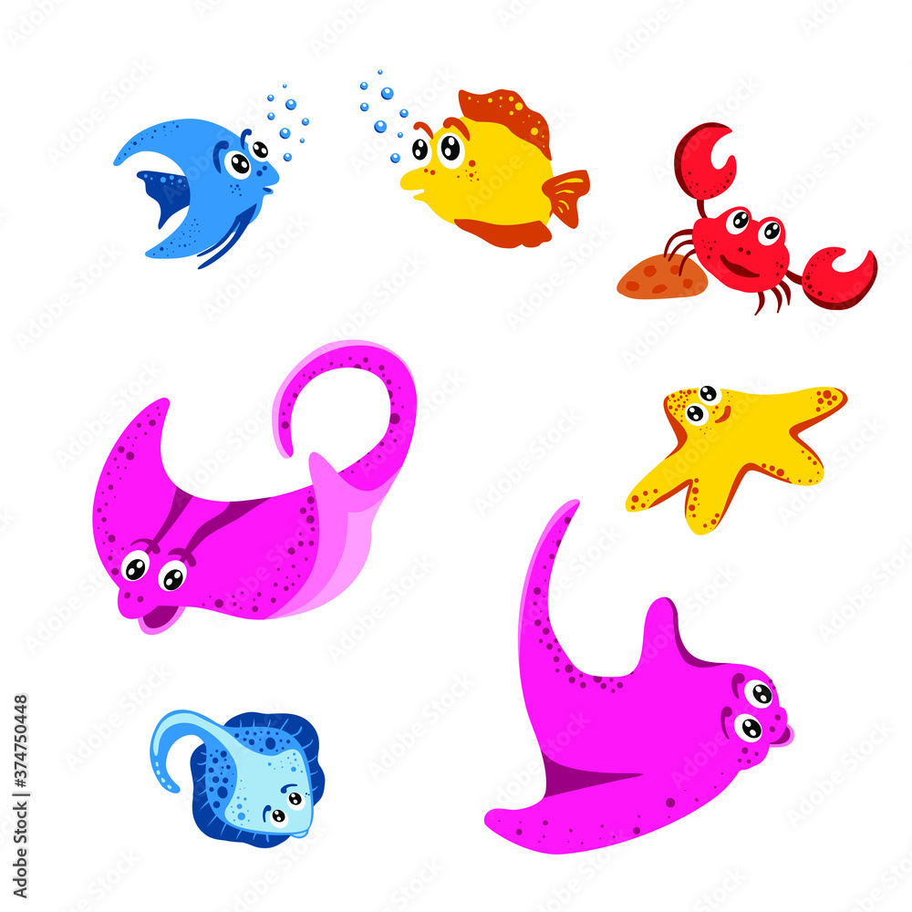 Naklejka premium Set of vector drawings of cute handmade marine life on white isolated background in flat design. Fish, crayfish, stingray, algae for printing on textiles, wallpaper, clothing.