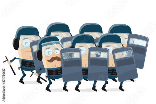cartoon illustration of police officers in protection clothes waiting for protesters