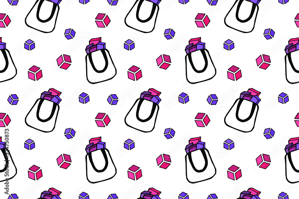 Plano de fundo vetorial com sacolas de compras e caixas coloridas em um fundo branco, ideal para temas de varejo e promoções vibrantes