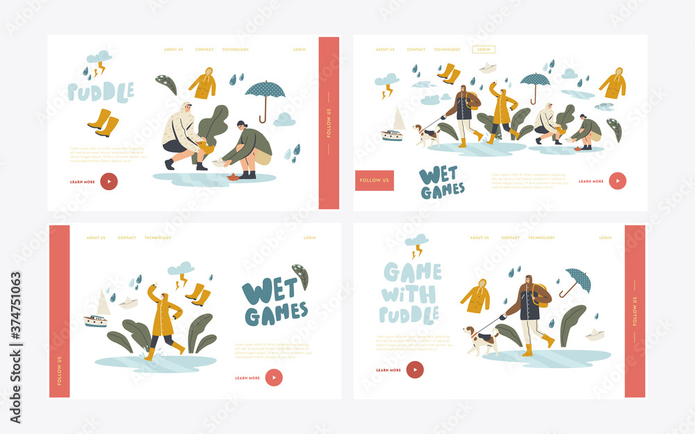 Wet Games with Puddles in Rainy Autumn or Spring Day Landing Page Template Set. Happy Drenched Characters Wearing Cloaks