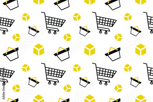Plano de fundo vetorial com carrinhos, cestas e caixas de compras em um fundo branco, perfeito para destacar temas de varejo e marketing de vendas