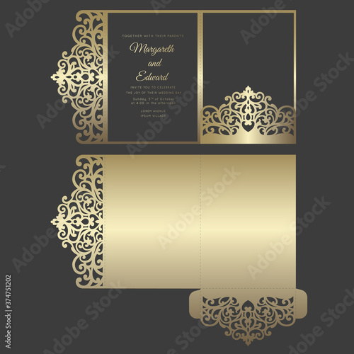 Laser cut tri fold pocket envelope for wedding invitations. ornamental wedding invite mockup. pocket envelope design.