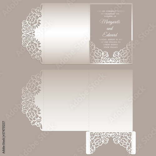 Laser cut tri fold pocket envelope for wedding invitations. ornamental wedding invite mockup. pocket envelope design.