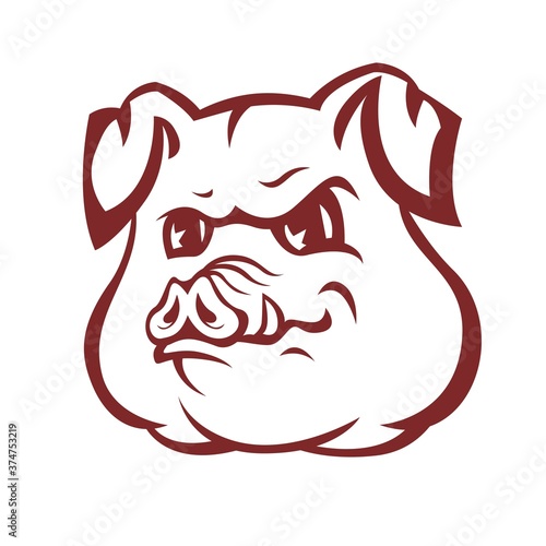 Linear emblem of head of smiling strong pig on white background