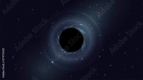 Vector illustration with space landscape: black hole bends space in the dark starry sky