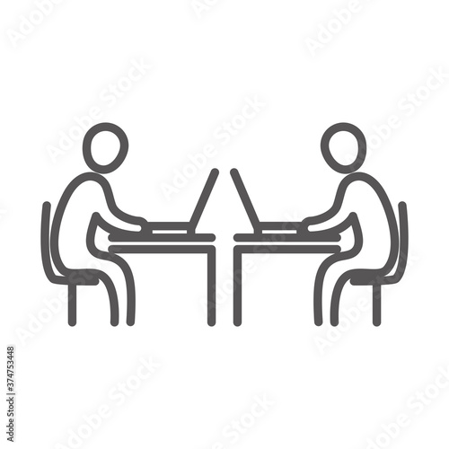 business people using laptop in the desks, coworking office workspace, line icon design