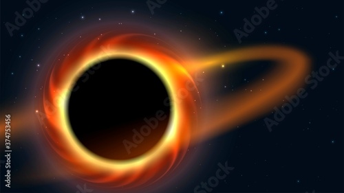 Vector illustration with space landscape: massive black hole with bright disk