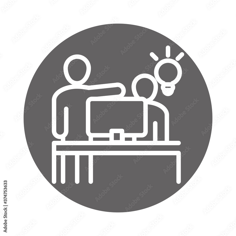 people working computer creativity, coworking office business workspace, block and line icon people working computer creativity, coworking office business workspace, block and line icon