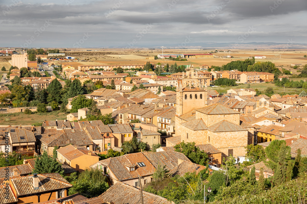 aerial view over the town of Ayllon on a cloudy day, province of Segovia, Castile and Leon, Spain