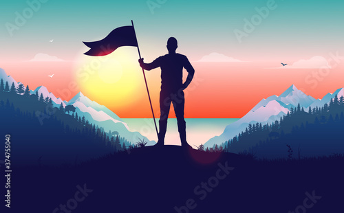 Holding flag with pride - Stand fast man with raised flag in front of epic landscape. Male self esteem concept, vector illustration.