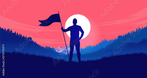 Holding flag in front of red sky - Man standing in landscape with raised flag ready to take on any challenge. The will to fight, pride and competition concept. Vector illustration.