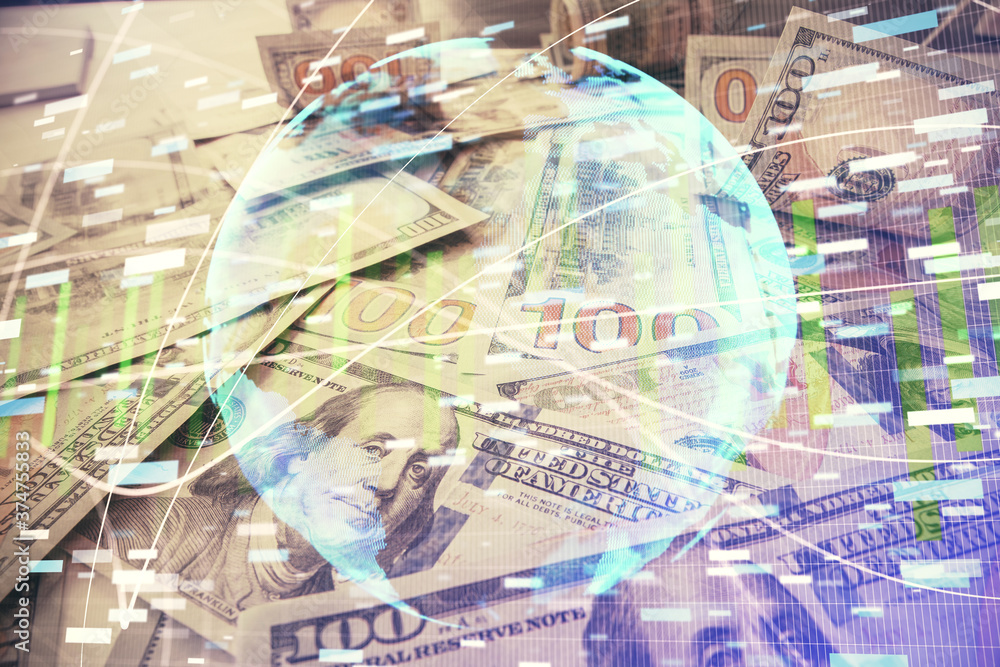 Multi exposure of business theme drawing over us dollars bill background. Concept of financial success. Multi exposure of business theme drawing over us dollars bill background. Concept of financial success.