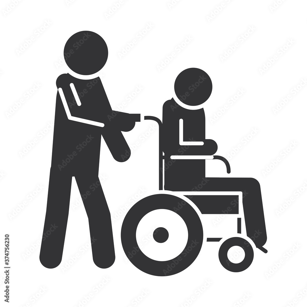 person carries a disabled in a wheelchair, world disability day, silhouette icon design person carries a disabled in a wheelchair, world disability day, silhouette icon design