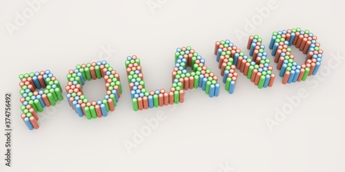 POLAND text made with many batteries. Electrical technologies related 3d rendering