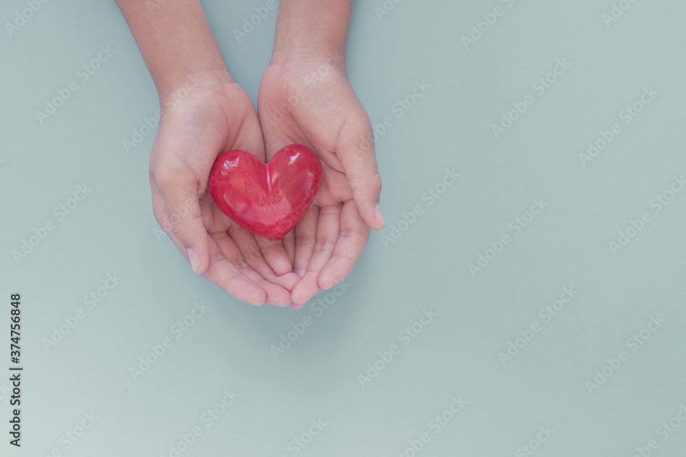 hands holding red heart, organ donation, wellbeing, health insurance and CSR concept, world heart day, world health day - obrazy, fototapety, plakaty 