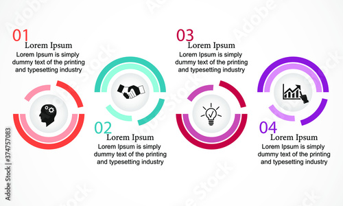 Business data visualization, infographics. Scheme of the process of elements with the help of graphs, four-step diagrams, numbers, variants, parts. Business vector for presentation.