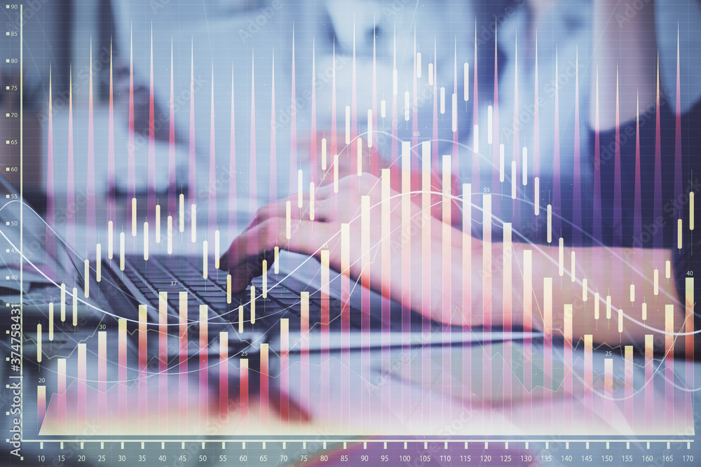 Multi exposure of woman hands typing on computer and financial graph hologram drawing. Stock market analysis concept. Multi exposure of woman hands typing on computer and financial graph hologram drawing. Stock market analysis concept.