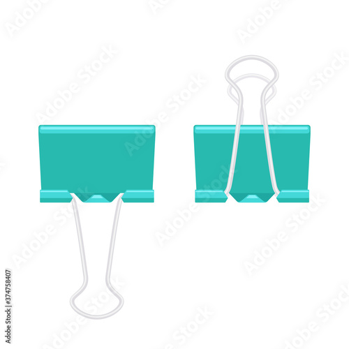 Paper binder clip fastener folded and unfolded. Flat vector illustration isolated on white background