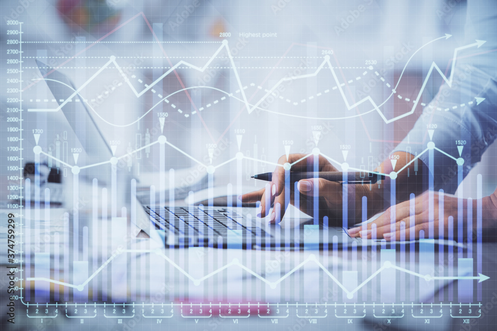 Double exposure of woman hands typing on computer and forex chart hologram drawing. Stock market invest concept. Double exposure of woman hands typing on computer and forex chart hologram drawing. Stock market invest concept.