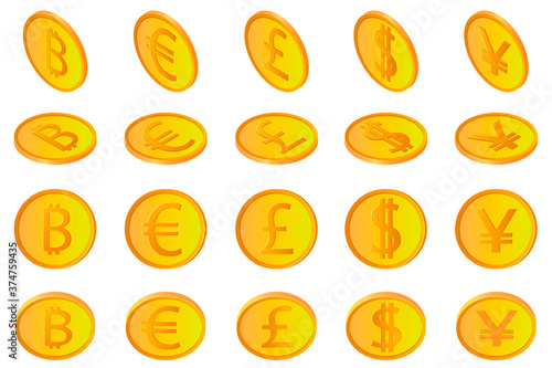 The bitcoin dollar Euro pound and yen.A set of coins of American European cryptocurrencies of British and Japanese coins in different angles isolated on a white background. Use as design elements.