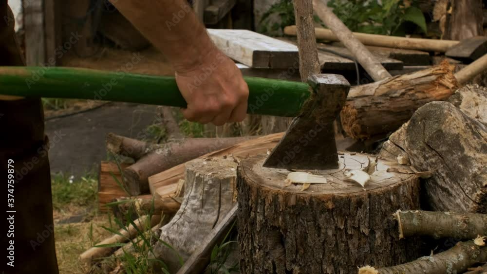 A man sharpens a stake and cuts chop wood for the garden and stove A man sharpens a stake and cuts chop wood for the garden and stove