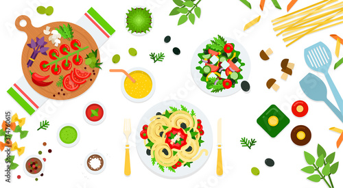 Image of pasta, salad and assorted ingredients vector illustration in a flat design.