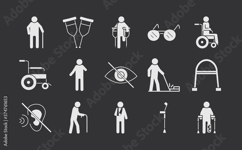 world disability day, silhouette icons set black background