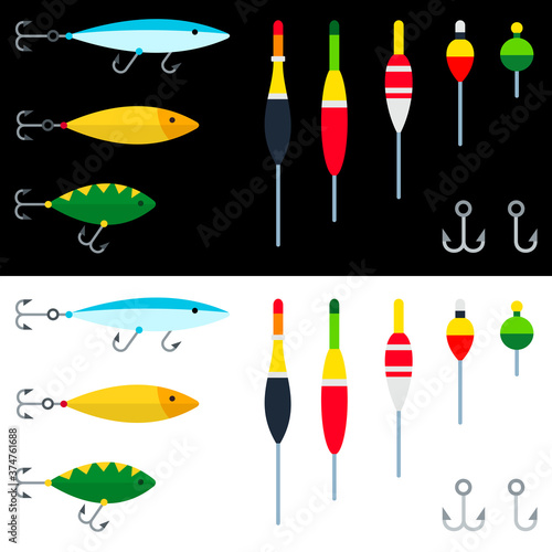Set of fishing tackle, hooks, baubles, floats vector illustration in a flat design.