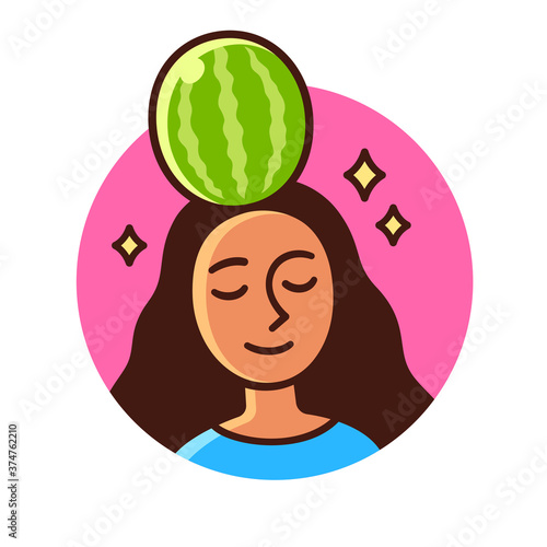 Woman with watermelon on head