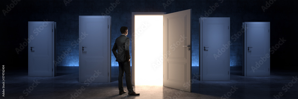 door and businessman, door to new opportunity. 3d rendering door and businessman, door to new opportunity. 3d rendering