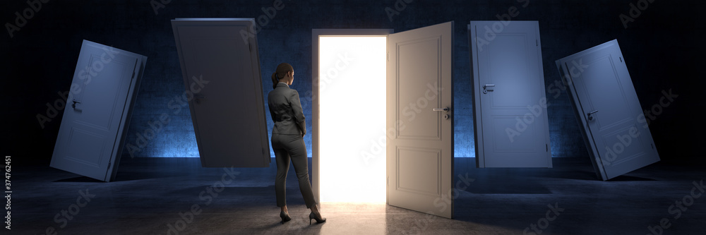 Naklejka premium door and businesswoman, door to new opportunity. 3d rendering