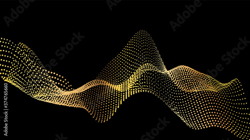 Sound wave from node. Gold interface big data flow. Copy space cover template. Vector swirl isolated flow.