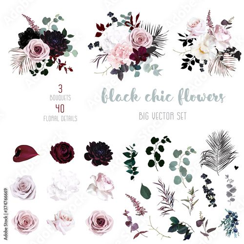 Dusty pink, pastel, black flowers big vector design set.