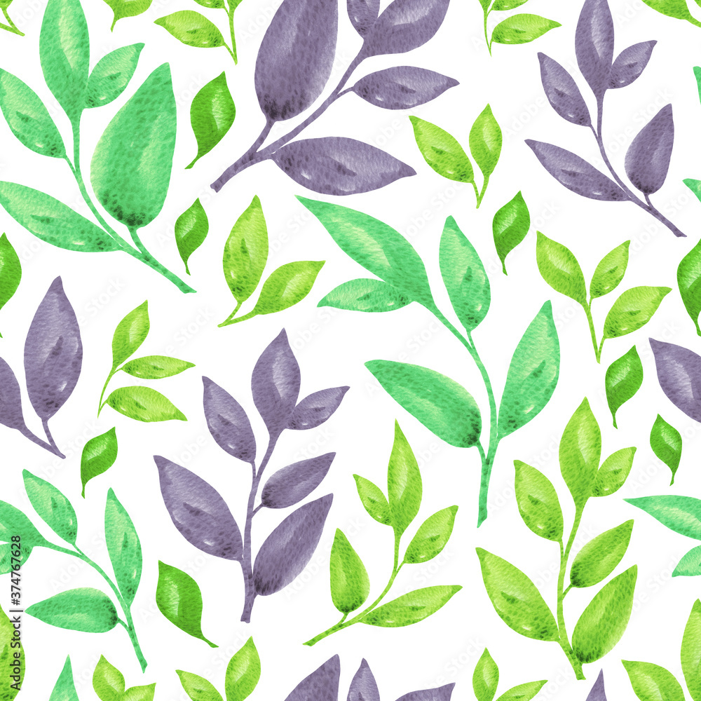 Nice summer floral watercolor seamless pattern. Green and violet basil branches isolated on white background for textile, wallpaper, fabric, postcard, invitation, cover, wrapping paper
