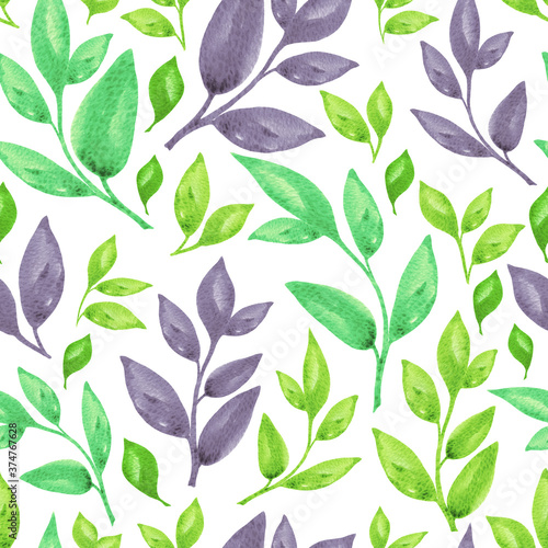 Nice summer floral watercolor seamless pattern. Green and violet basil branches isolated on white background for textile  wallpaper  fabric  postcard  invitation  cover  wrapping paper