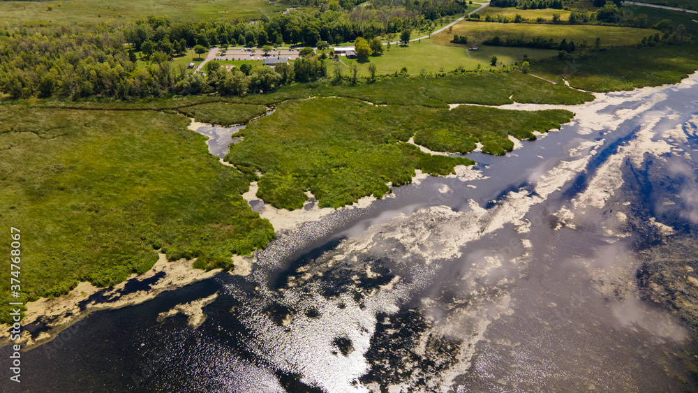 Fototapeta premium Distant aerial view of a wetland and forest in summer