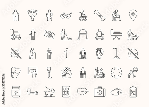 world disability day, handicapped or disabled people, linear icons set design