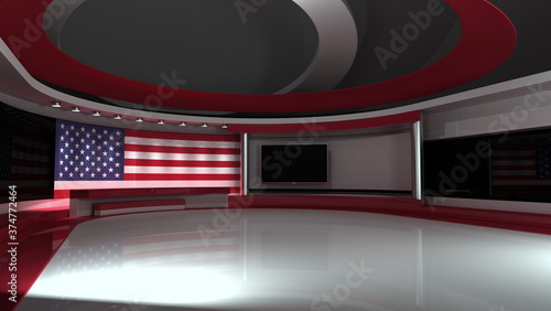 USA flag. TV studio. USA flag studio. USA flag background. Background for usa electoral programs. USA elections. News studio. 3d render. 3d