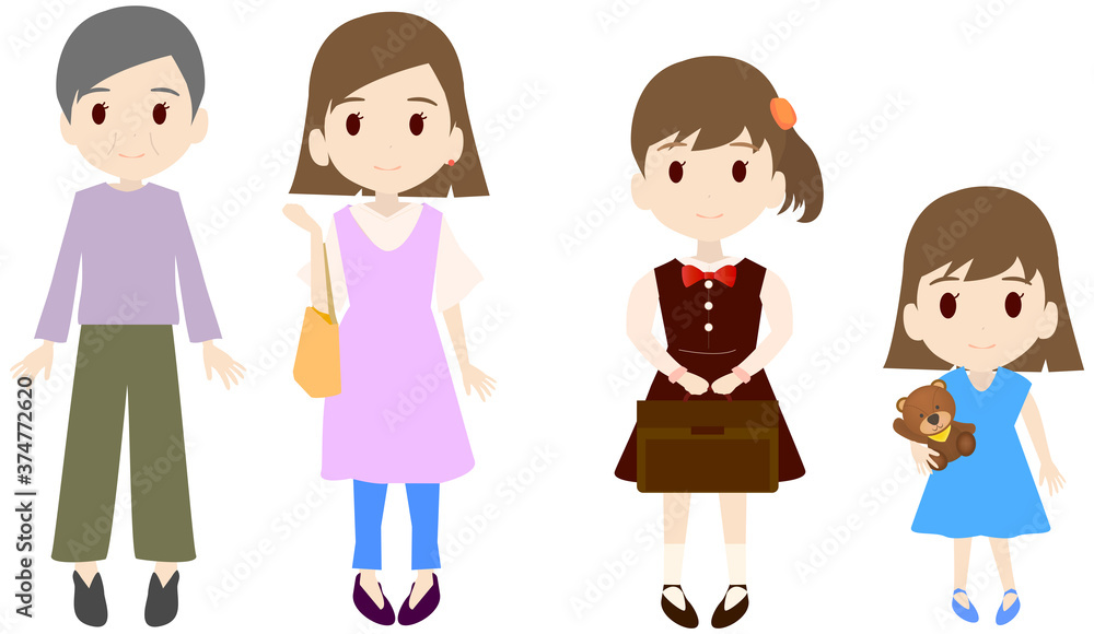 可愛い親子3世代セット。
孫、娘、母、祖母のシンプルなイラスト。 可愛い親子3世代セット。
孫、娘、母、祖母のシンプルなイラスト。