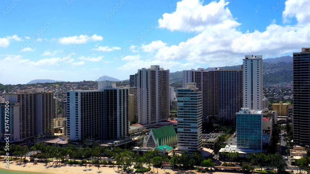 An aerian photo of the buildings of Hawaii on the shore