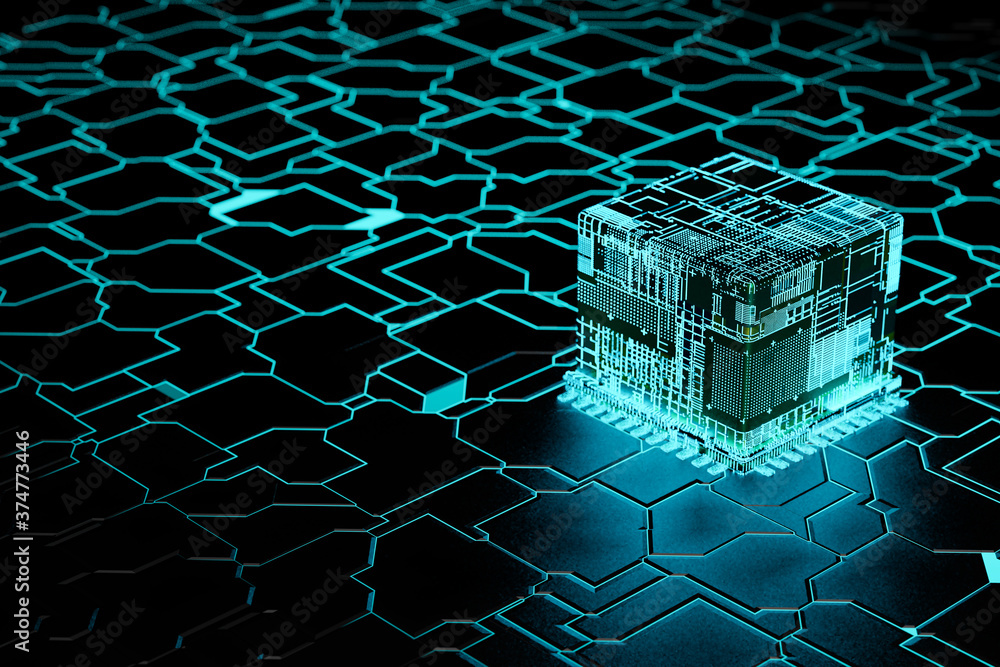 Concept of abstract quantum computer.Futuristic CPU. Quantum processor