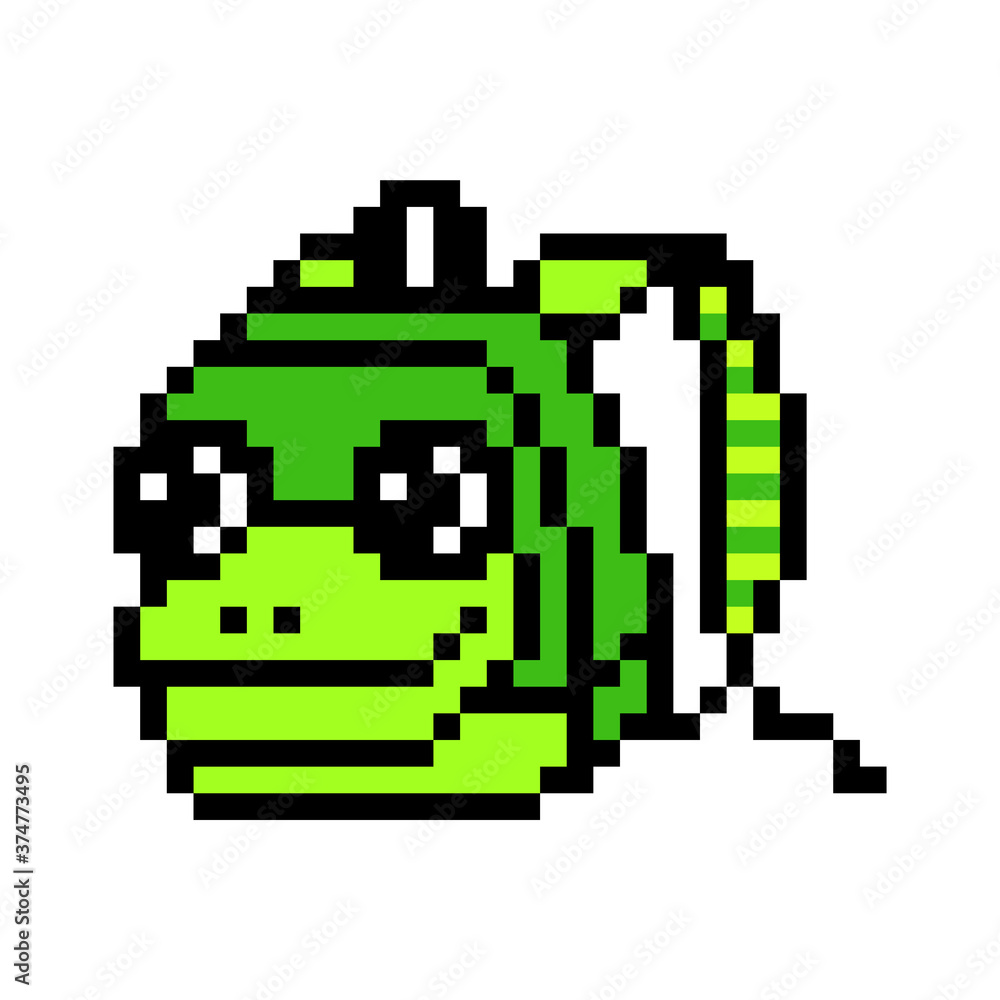 Fototapeta premium Pixel art kids' plush green frog backpack. 8 bit animal school bag icon isolated on white background. Old school vintage retro 80s-90s slot machine/ video game graphics.