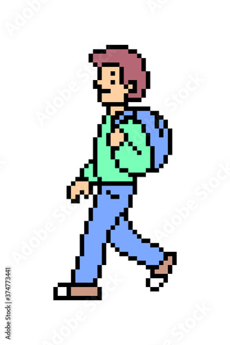 Pixel art man walking side view isolated on white background. 8 bit male character with a backpack. Back to school boy. Old school vintage retro 80s-90s slot machine  video game graphics.