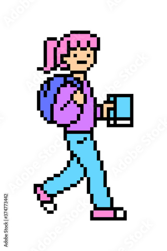 Pixel art girl walking side view isolated on white background. 8 bit woman character with a backpack and a book. Happy schoolgirl. Old school vintage retro 80s-90s slot machine/ video game graphics.