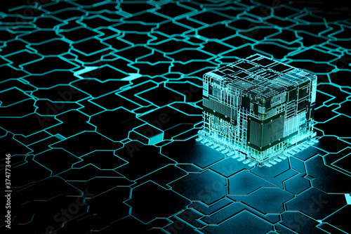 Concept of abstract quantum computer.Futuristic CPU. Quantum processor in the global computer network.3D rendering.