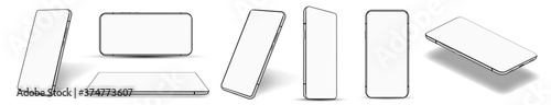 Realistic smartphone collection at different angles (perspective, isometric, rotate, frontal and others) Mockup set mobile phone frame white blank display. Mockup cellphone. Vector smartphone mockups