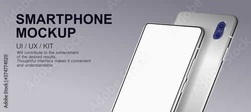 Smartphone presentation mockup with blank display. Two mobile phones in perspective, front and back views in metallic and gray. 3D cell phone in realistic style. Template smartphones. Vector